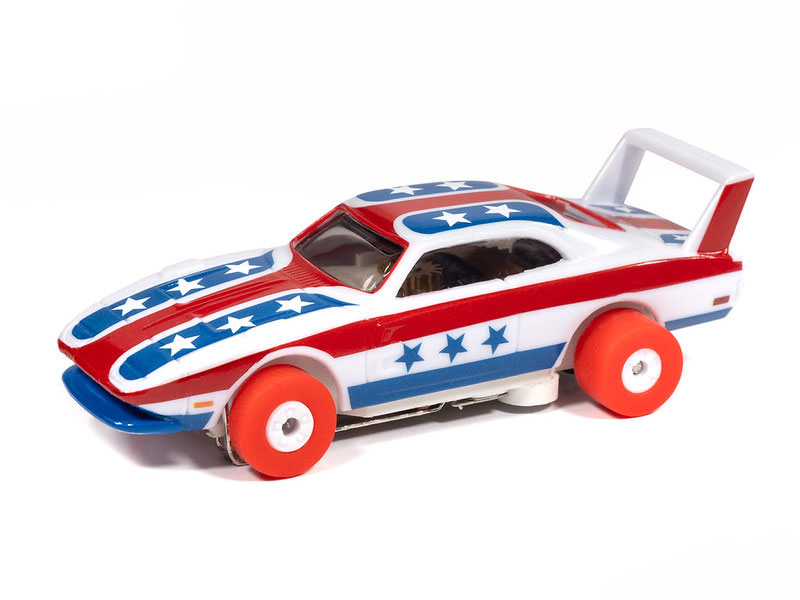 Auto World iWHEELS 1969 Dodge Charger Daytona (White, Red & Blue) Thunderjet HO Slot Car