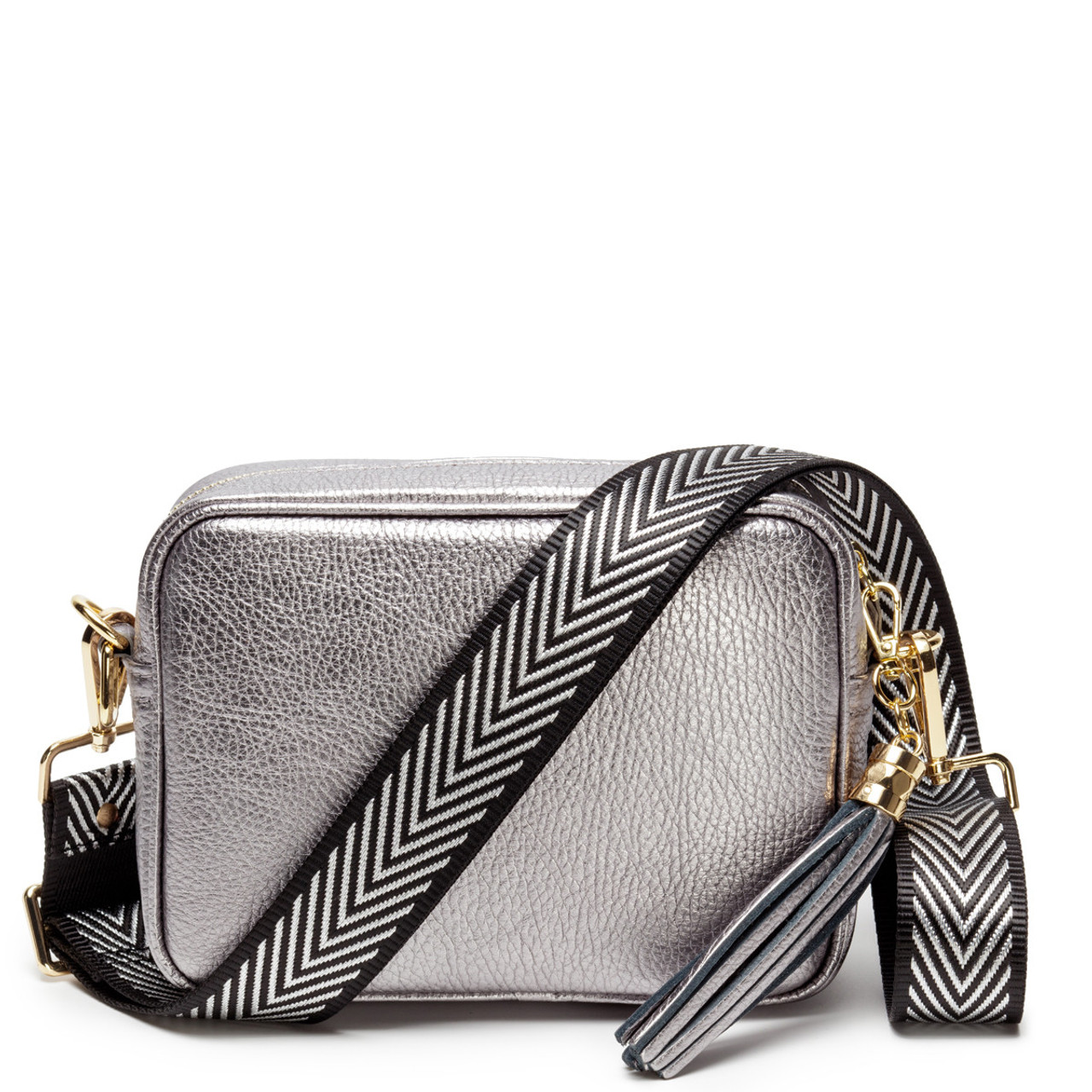 Elie Beaumont Pewter Crossbody with Silver Chervron Strap