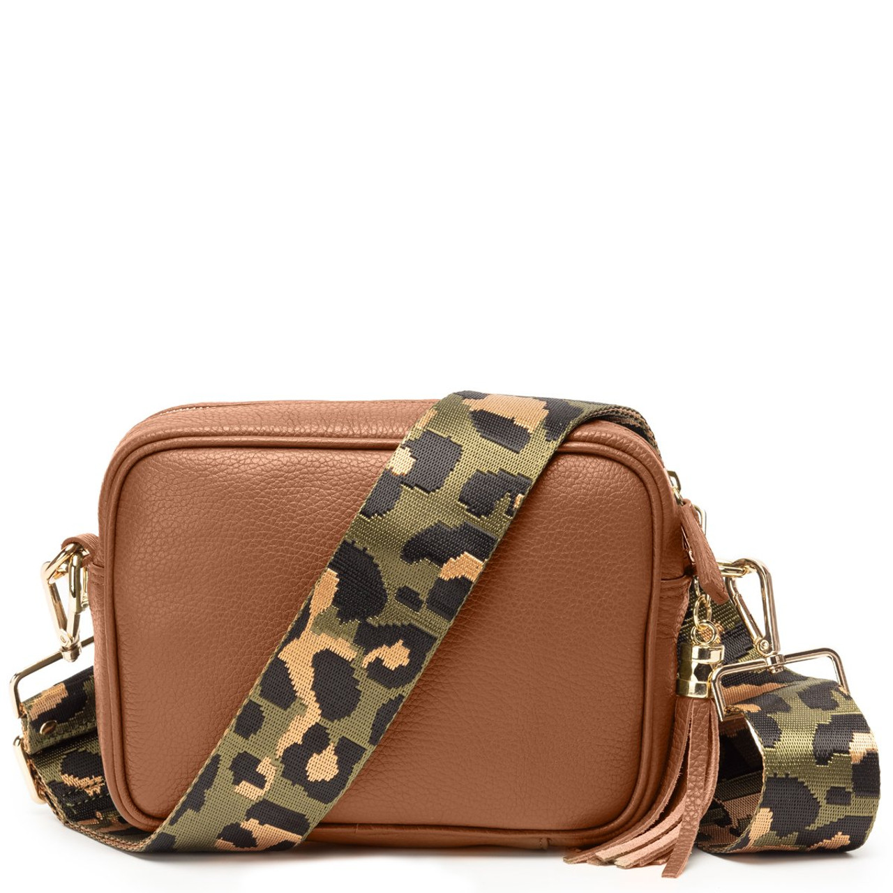 Elie Beaumont Dark Tan Crossbody with Green Leopard Strap