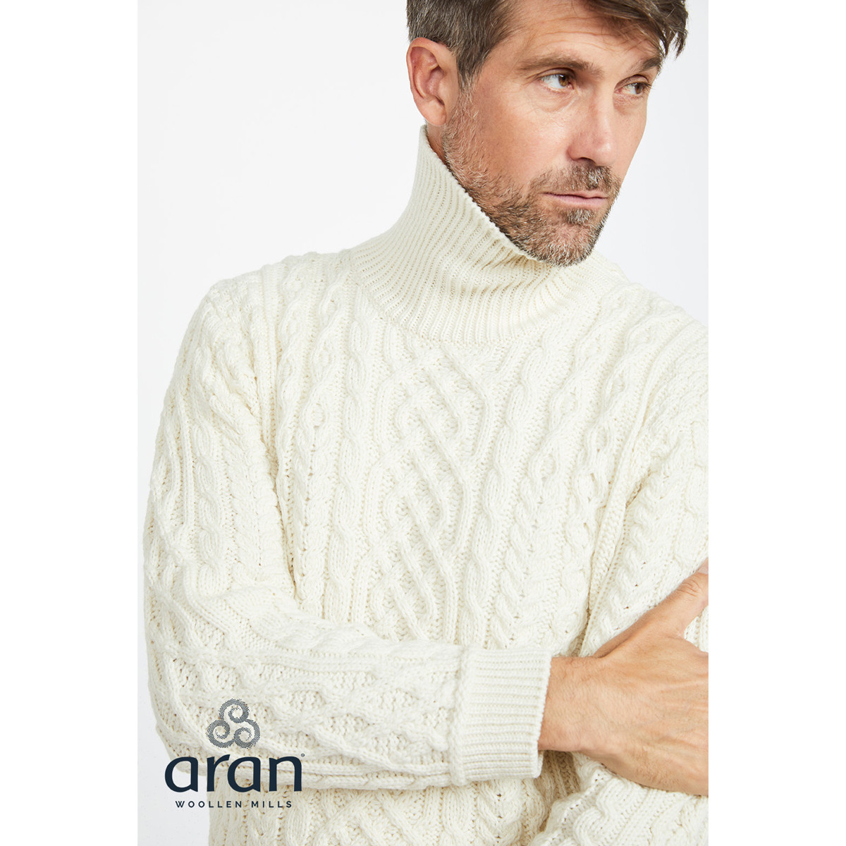 Kylemore Men's Aran Polo Neck Sweater Cream Kilkenny Design
