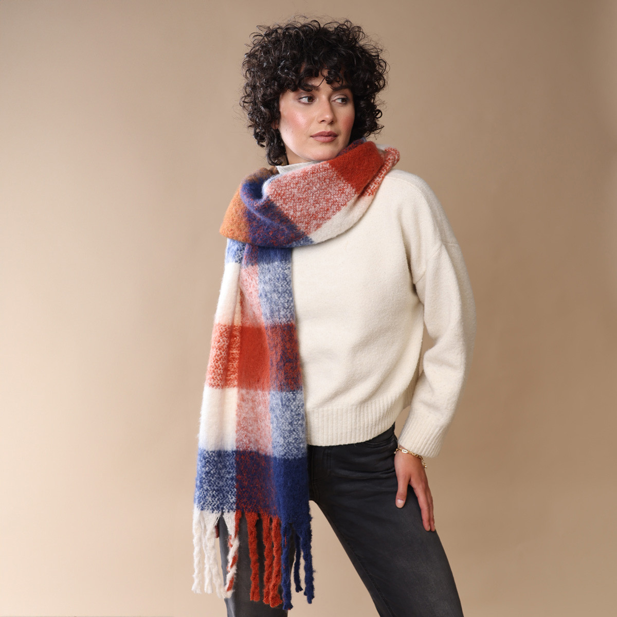 Anisa Fluffy Woven Check Scarf Terracotta Multi Kilkenny Design