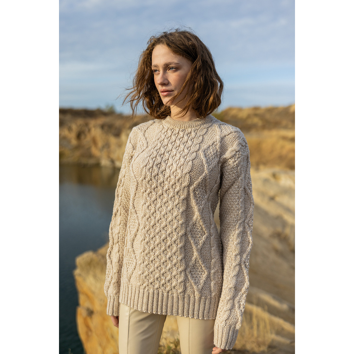 Aran Cable Knit Fisherman Sweater Taupe Kilkenny Design