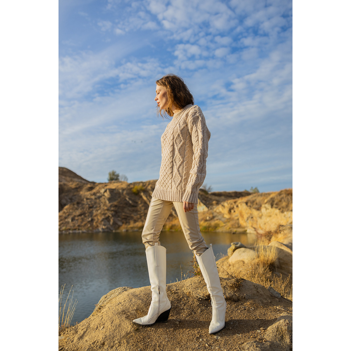 Aran Cable Knit Fisherman Sweater Taupe Kilkenny Design