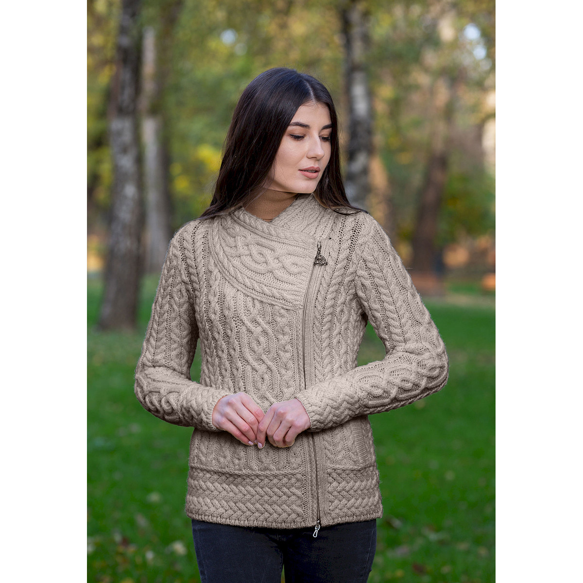 Cable Knit Side Zip Cardigan - Taupe | Kilkenny Design