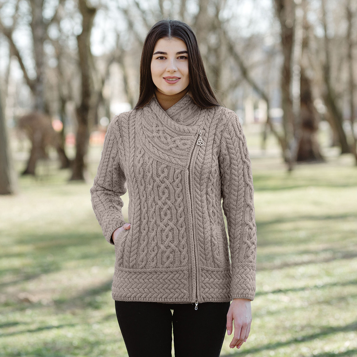 Cable Knit Side Zip Cardigan - Taupe | Kilkenny Design