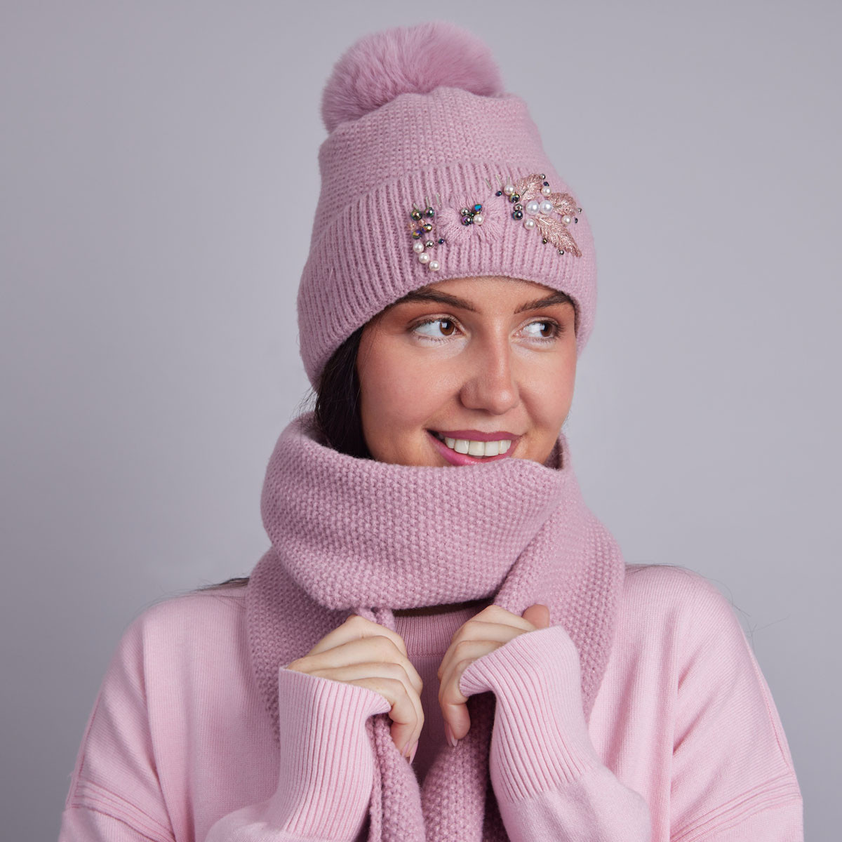 Dawn Hat & Scarf Set With Embellishment - Pink | Kilkenny Design