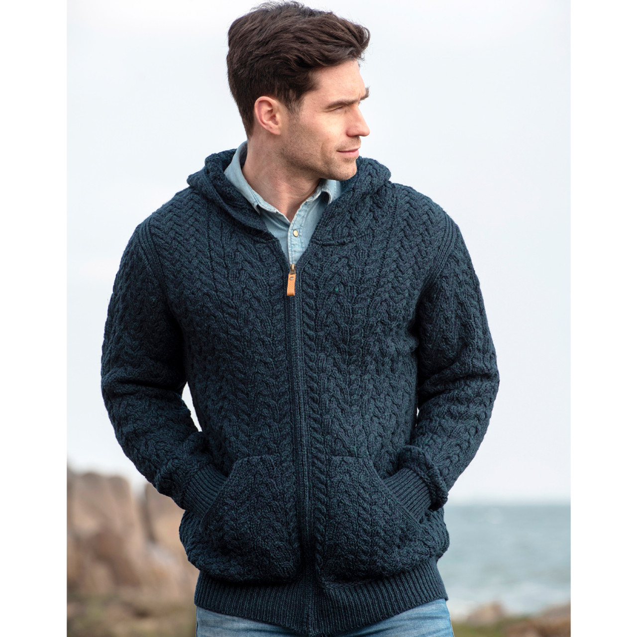 Mens knitted sales hooded jacket