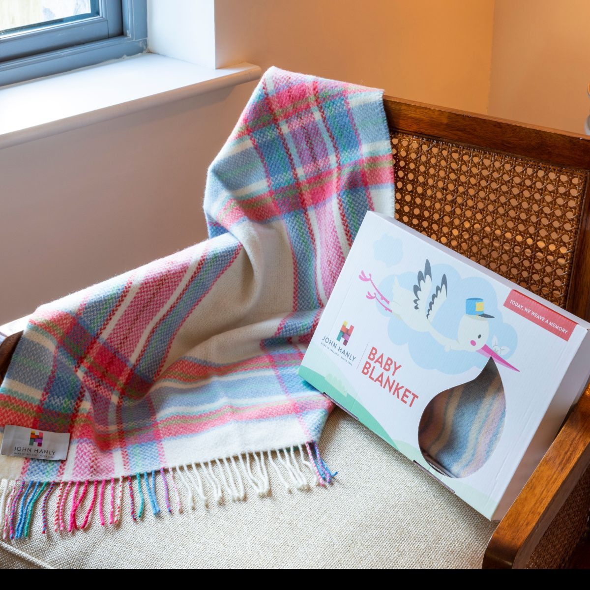 John Hanly Wool Cashmere Pink Blue Check Baby Blanket Kilkenny Design