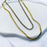 Double Layered Tennis & Herringbone Chain Necklace