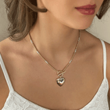 Two-Tone Gold/Silver Beaded T-Bar Heart Necklace  
