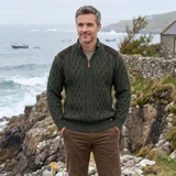 Tweed Patch Half Zip Aran Sweater