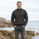 Tweed Patch Half Zip Aran Sweater