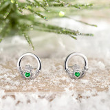Sterling Silver Green Crystal Claddagh Stud Earrings