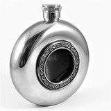 Mullingar Pewter Glass Centre Whiskey Flask Celtic Pattern_10001