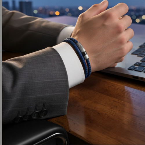 Blue Octagon Click Pelle Double Wrap Leather Bracelet