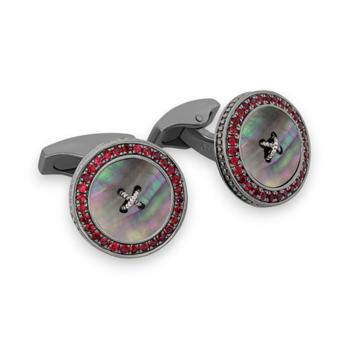 Precious Button Cufflinks With Black Mother Of Pearl & Rubies