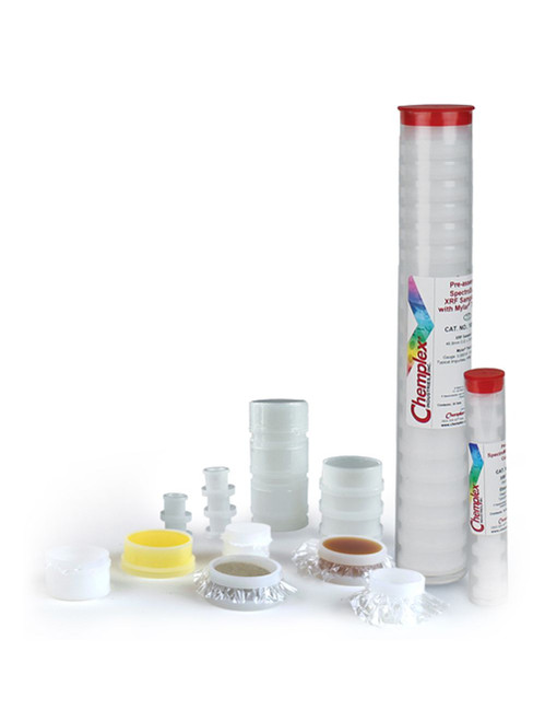 10P-5430 | Chemplex SpectroCup Sample Cups, double open ended with internal overflow reservoirs and friction fitting vented caps; 1.62" (41.3mm) O.D. x 1.39" (35.3mm) High with with 2.5um Etnom; 11 sets/tube