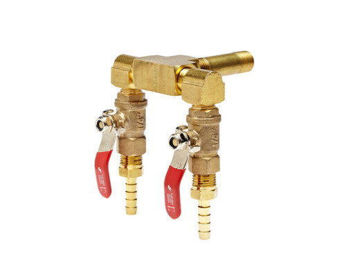 510-666 | PolyScience Flow adapter, two (2) port manifold w/shut offs, brass 1/4” male NPT x 2 @ 1/4” (6 mm) hose barb