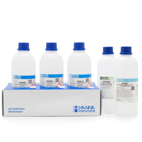 HI54710-11 | Hanna Instruments pH 4.01, 7.01 and 10.01 Technical Calibration Solutions with Electrode Storage Solution and Cleaning Solution (5 x 500 mL)