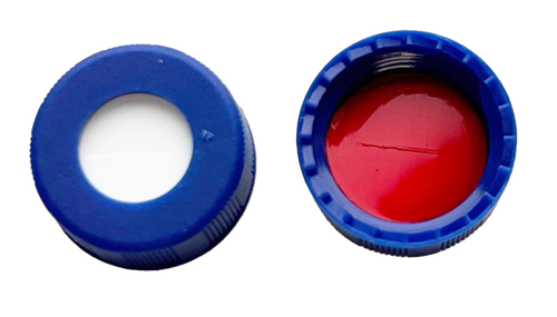 CS-100020 | AFP 2 mL, 9 mm Blue Screw Cap, Red PTFE/White Silicone 0.040 Thickness, SLIT Bonded, 100/PK