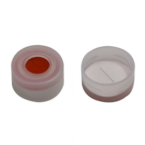 CS-100074 | AFP 2 mL, 11 mm Natural Snap Cap, Pre-slit White PTFE/Red Silicone Septa, 11 x 1 mm, 6 mm Center Hole, 100/PK
