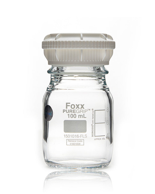 1501016-FLS | Foxx Life Sciences PUREGRIP Reusable Round Glass Media Storage Bottles w/ GL45 VersaCap, Pouring Ring, 100 mL (10/CS)