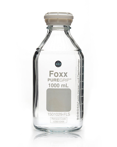 1501029-FLS | Foxx Life Sciences PUREGRIP Reusable Round Glass Media Storage Bottles w/ GL45 VersaCap, Pouring Ring, 1 L (10/CS)