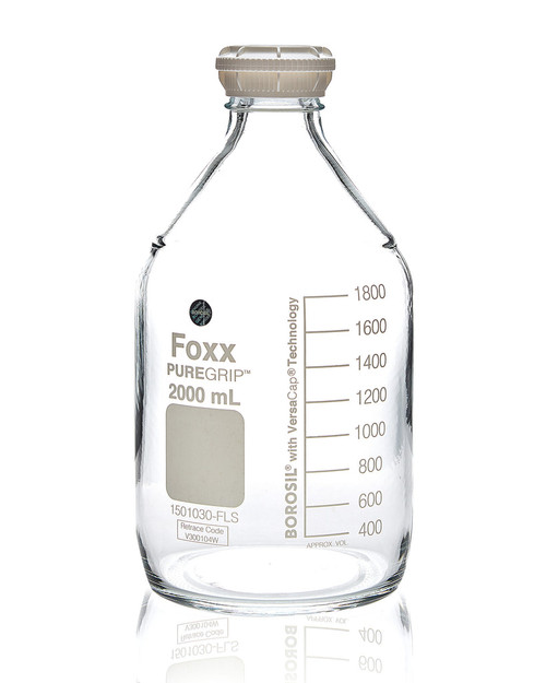 1501030-FLS | Foxx Life Sciences PUREGRIP Reusable Round Glass Media Storage Bottles w/ GL45 VersaCap, Pouring Ring, 2 L (10/CS)