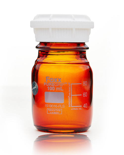 1519016-FLS | Foxx Life Sciences PUREGRIP Reusable Amber Light-Blocking Round Glass Media Storage Bottles w/ GL45 VersaCap, Pouring Ring, 100 mL (10/CS)