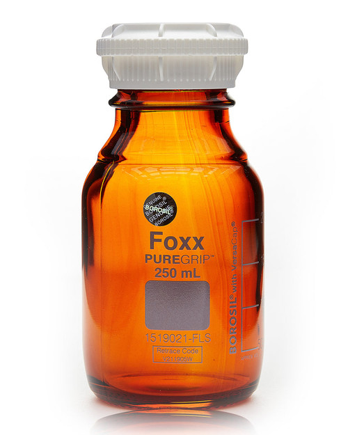 1519021-FLS | Foxx Life Sciences PUREGRIP Reusable Amber Light-Blocking Round Glass Media Storage Bottles w/ GL45 VersaCap, Pouring Ring, 250 mL (10/CS)