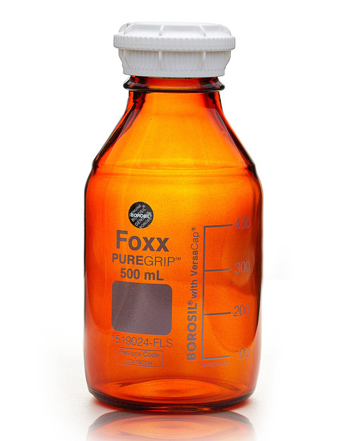 1519024-FLS | Foxx Life Sciences PUREGRIP Reusable Amber Light-Blocking Round Glass Media Storage Bottles w/ GL45 VersaCap, Pouring Ring, 500 mL (10/CS)