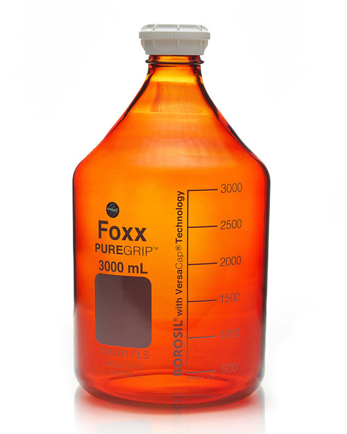 1519031-FLS | Foxx Life Sciences PUREGRIP Reusable Amber Light-Blocking Round Glass Media Storage Bottles w/ GL45 VersaCap, Pouring Ring, 3 L (2/CS)
