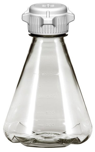 248-4242-OEM | Foxx Life Sciences Sterile Vented Plastic Erlenmeyer Flasks, 1 L, Autoclavable Polycarbonate (PC), 53 mm (53B) VersaCap w/ 0.2 µm PTFE Vent, Baffled Bottom (6/PK)