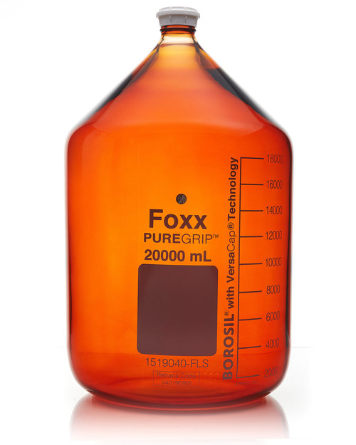 1519040-FLS | Foxx Life Sciences PUREGRIP Reusable Amber Light-Blocking Round Glass Media Storage Bottles w/ GL45 VersaCap, Pouring Ring, 20 L