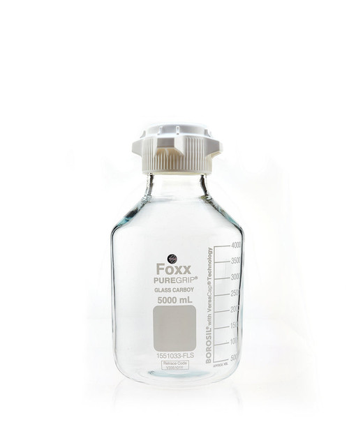 1551033-FLS | Foxx Life Sciences PUREGRIP Reusable Clear Glass Carboy w/ 83B VersCap and Extra Large Marking Spot, 5 L