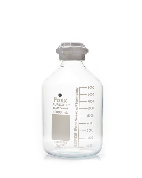 1551038-FLS | Foxx Life Sciences PUREGRIP Reusable Clear Glass Carboy w/ 83B VersCap and Extra Large Marking Spot, 10 L