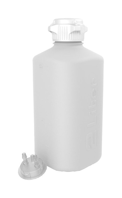 162-2102-OEM | Foxx Life Sciences Heavy Duty HDPE Vacuum Bottle, 2 L, w/ 53 mm (53B) Tangle Free VersaCap, Two 1/4" Hose Barbs and Sealable Vent Port, Bleach Compatible