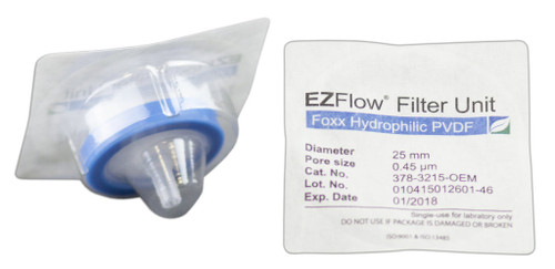378-3215-OEM | Foxx Life Sciences EZFlow Sterile Hydrophilic PVDF Syringe Filters, 0.45 µm Membrane for Clarification or Prefiltration, 25 mm (100/PK)