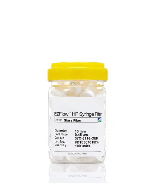 37C-3116-OEM | Foxx Life Sciences EZFlow Non-Sterile Glass Fiber (GF) Syringe Filters, 0.45 µm Pore Size Membrane for Prefiltration and Sample Prep, 13 mm (100/PK)