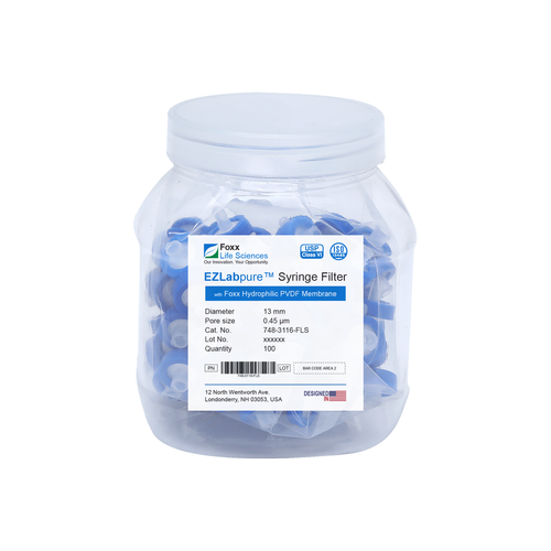 748-3116-FLS | Foxx Life Sciences EZlabpure Hydrophilic PVDF Syringe Filters, 0.45 µm Pore Size Membrane, 13 mm, Non-Sterile (100/PK)