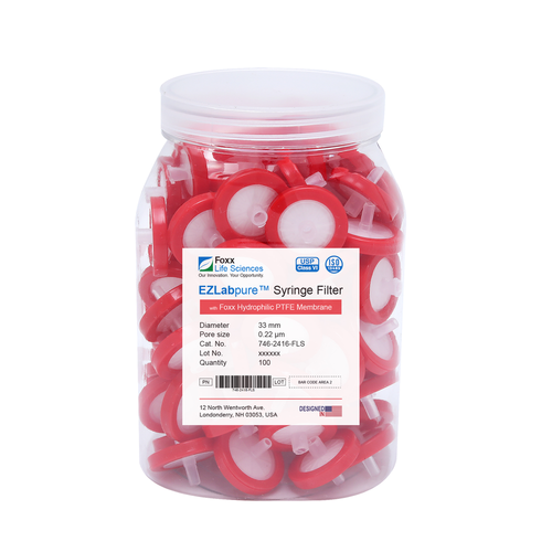 746-2416-FLS | Foxx Life Sciences EZlabpure Hydrophilic PTFE Syringe Filters, 0.22 µm Pore Size Membrane, 33 mm, Non-Sterile (100/PK)