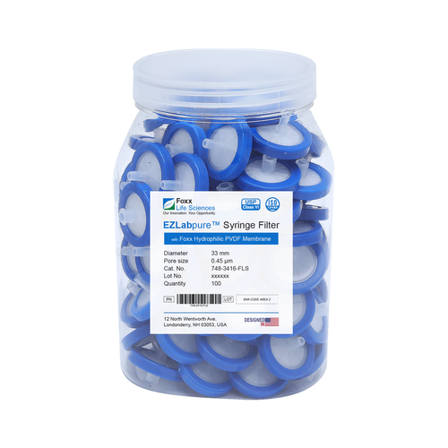 748-3416-FLS | Foxx Life Sciences EZlabpure Hydrophilic PVDF Syringe Filters, 0.45 µm Pore Size Membrane, 33 mm, Non-Sterile (100/PK)