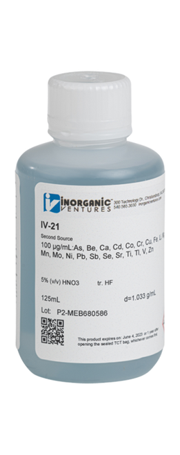 IV-21-125ML | Inorganic Ventures 100 ppm 21 Element ICP Calibration/Quality Control Standard