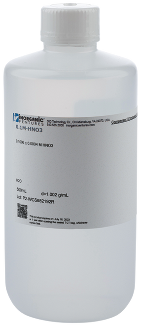0.1M-HNO3-500ML | Inorganic Ventures 0.1M (Molar) Nitric Acid in H2O