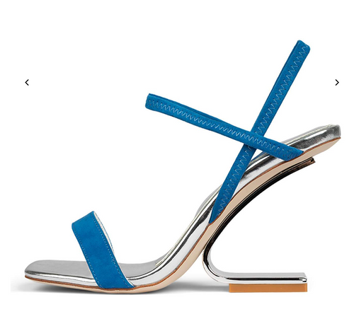 Geometric Hi L Heel Sandal, Blue Suede Gold Geometric Hi L Heel Sandal, Blue Suede Gold