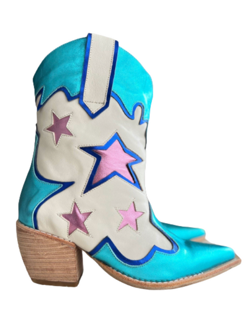 Short Metallic Star Cowgirl Boot, Blue 