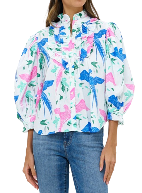 Ruffle Front Button Blouse, Macaw Blue 