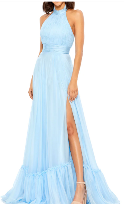 High Neck Chiffon Halter Gown, Sky