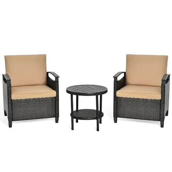 3 Pieces Patio Rattan Furniture Set Cushioned Sofa Storage Table with Shelf Garden B593-HW64401