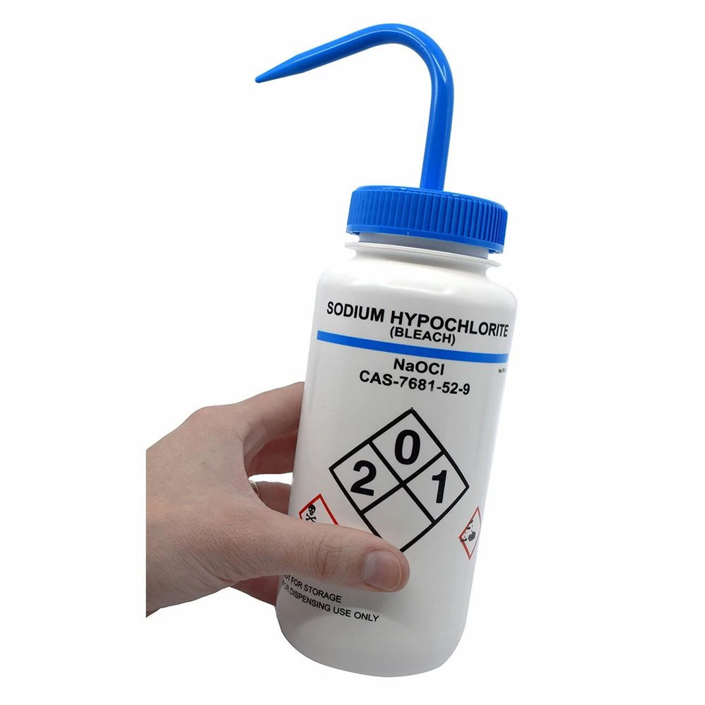 (75-192) 500ml Labeled Wash Bottle - Sodium Hypochlorite LDPE, Self-Venting 1 Bottle/Unit